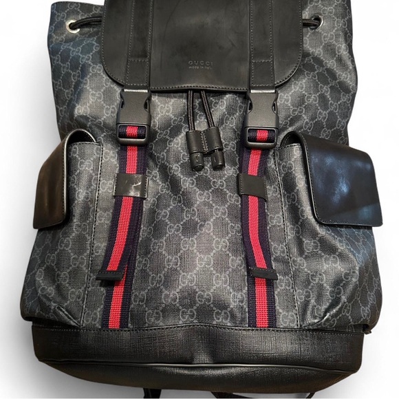 GUCCI GG Supreme Black Canvas Leather Double Navy Red Buckle Backpack w/ COA - Picture 1 of 17